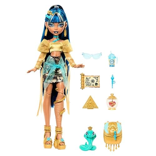 Monster High Cleo De Nile Doll in Golden Blouse & Layered Skirt, Includes Pet Cobra Hissette & Accessories Like a Backpack, Snack & Scroll thumbnail 5