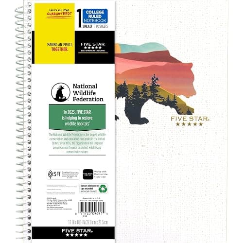 Five Star and National Wildlife Federation Spiral Notebook + Study App, 1 Subject, College Ruled Paper, 11" x 8-1/2", 80 Sheets, Forest Bear, 1 Count (820088FM) - Image 1
