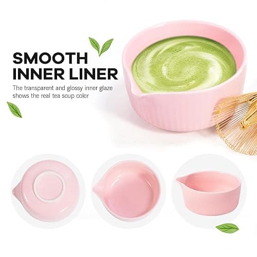 Pink Traditional Matcha Set Whisk and Bowl, 8 Pcs Matcha Making Kit Includes Ceramic Bowl with Spout, Bamboo Whisk, Holder, Scoop, Sifter, Tea Towel Cloth and Mat-Ceremonial Matcha Starter Kit Gift thumbnail 4