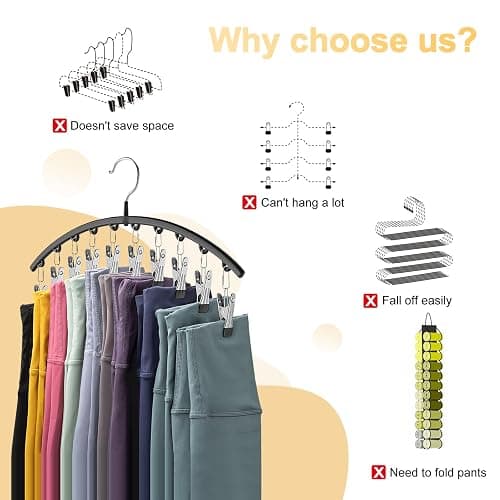 Volnamal Legging Organizer for Closet, Metal Yoga Pants Hangers 2 Pack w/10 Clips Holds 20 Leggings, Space Saving Hanging Closet Organizer w/Rubber Coated Closet Organizers and Storage, Black thumbnail 3