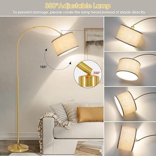 Gold Floor Lamp, Arc Floor Lamp for Living Room with Adjustable Drum Lampshade, Modern Tall Standing Lamp with On/Off Foot Switch, Over Couch Arched Reading Light for Reading, Bedroom, Office thumbnail 3