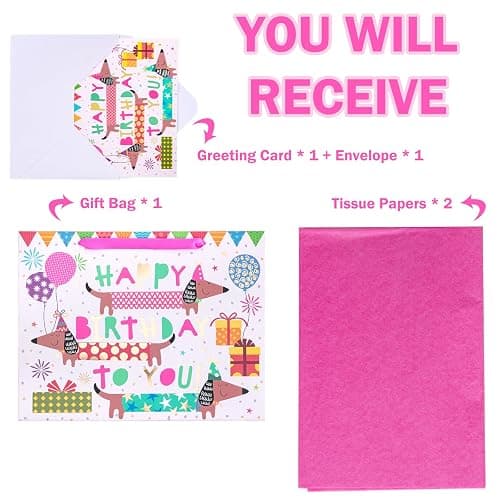 WRAPAHOLIC 13" Large Dog Birthday Gift Bag with Card and Tissue Paper - Gold Foil Dachshund Dogs Happy Birthday Bag for Girl Boy Kids, Baby Shower thumbnail 3
