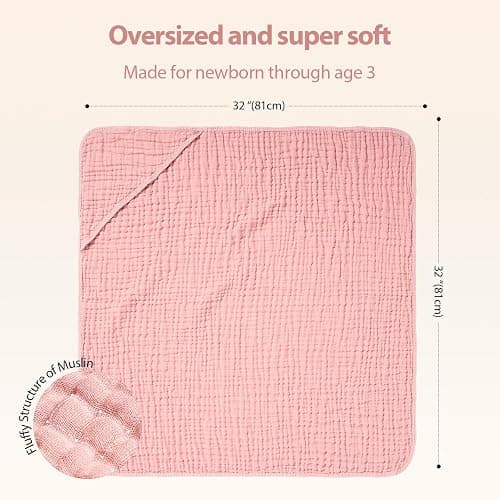 Unnivoll Hooded Baby Towels for Newborn - 2 Pack, 100% Muslin Cotton, Baby Bath Towels with Hood, Soft and Absorbent for Girls Infant, Toddler and Kids, Large 32x32 Inches, Newborn Essential thumbnail 3