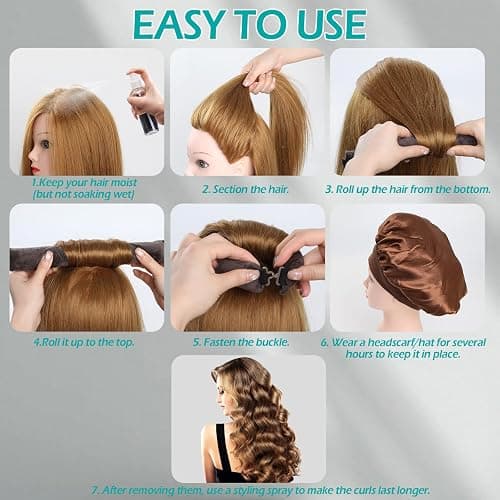6 Stück Heatless Curls Band,GeeRic Heatless Curls Band mit Satin-Haartuch und Duschhaube Lockenwickler Heatless Curls für Alle Haartypen thumbnail 5