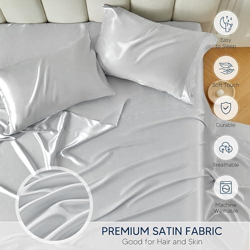 Tokokimo Satin Sheets Queen Size 4 PC - 16" Deep Pocket Silky Soft Bed Sheets, Wrinkle-Free Satin Silk Sheet, Hair & Skin Saver Bed Sheets Set with 1 Fitted Sheet, 1 Flat Sheet, 2 Pillow Cases thumbnail 5