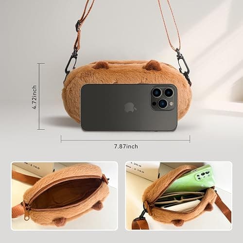 Capybara Crossbody Bag Cute Plush Phone Bag,Small Fluffy Zipper Pouch with Fluffy Adjustable shoulder strap Gifts for Kids Womens thumbnail 5