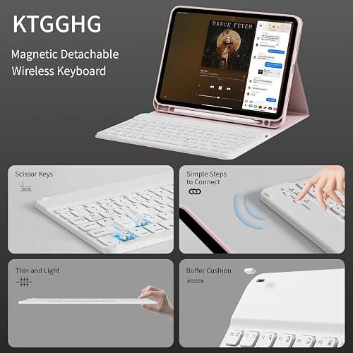 KTGGHG Portable Keyboard Case for iPad 11-Inch A16 11th Gen/iPad 10.9-Inch 10th Generation(2025/2022) with Pebcil Holder, Magnetic Detachable Wireless Bluetooth Keyboard Protective Cover, Pink thumbnail 2