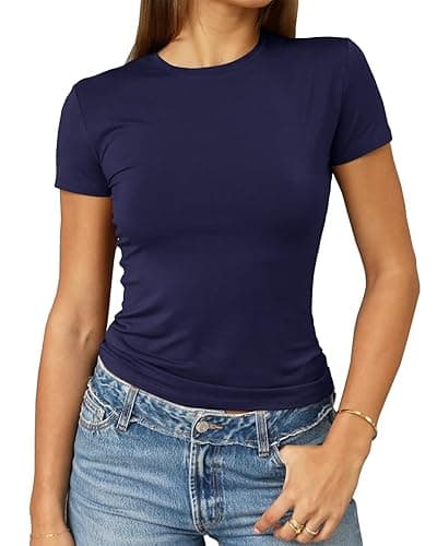 Abardsion Women's Casual Basic Going Out Crop Tops Slim Fit Short Sleeve Crew Neck Tight T Shirts 2025