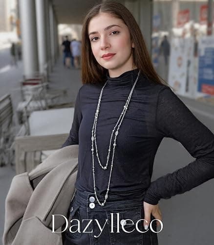 Long Beaded Silver Necklaces for Women Layered Long Statement Necklace with Stone Pearl Beads Double Sweater Chain Costume Jewelry for Women thumbnail 3