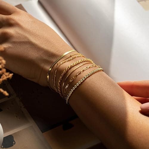 M MOOHAM Mothers Day Gifts, 7PCS Gold Bracelets for Women - 14K Real Gold Plated Beaded Bracelets Set Rope Paperclip Chain Stackable Bracelet Non Tarnish, Friendship Birthday Jewelry Gifts for Women thumbnail 2