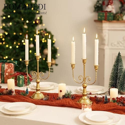 Romadedi Gold 3 Arm 11.8" Candelabra Candle Holders, Set of 2 | Wedding Candlestick Holder, Theme Party Table Centerpiece Decor, Dining Room, Birthday Holiday Christmas thumbnail 3