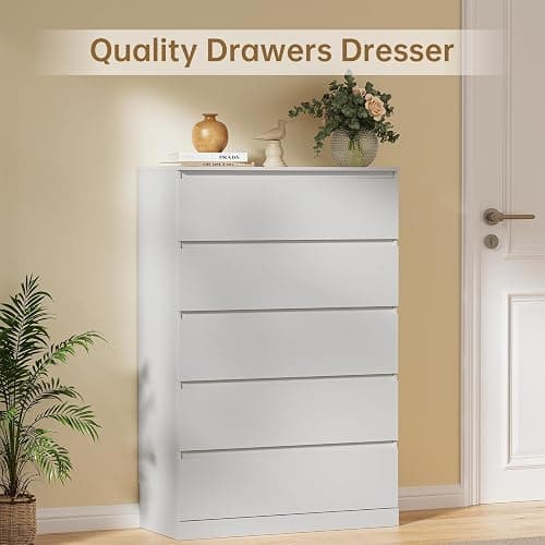 Dresser for Bedroom with 5 Drawers, 14.2" D x 31.5" W x 47.3" H, White | Modern Chest of Drawers with Hidden Drawer,Wood Storage Dresser, Storage Organizer for Living Room, Closet, Hallway thumbnail 7