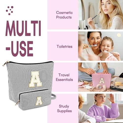 2 PCS Initial Makeup Bags for Women: Cosmetic Bag for Travel Toiletry - Birthday Gifts for 11 12 13 14 15 16 17 18 Years Old Girl Graduation Teacher Gift- Teen Girl Gifts Trendy Stuff - Black K thumbnail 4