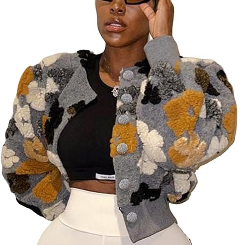 OPCAKM Women's Cropped Floral Print Shacket Jackets Round Neck Long Sleeve Bomber Coat Outerwears thumbnail 2