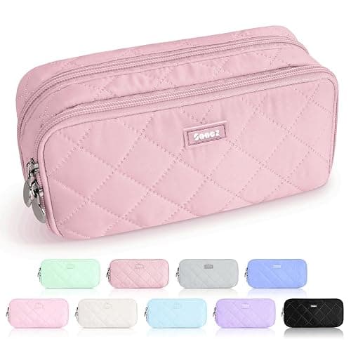 Sooez Large Pencil Case Pouch, Extra Big Pencil Bag with 8 Compartments, Pen Bag Wide Opening, Soft Quilted Pencil Pouch Organizer with Zipper, Portable Pencil Case for Teen Girls, Blush - Image 1