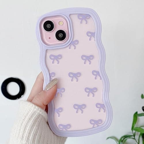QLTYPRI Bow Case for iPhone 13/iPhone 14, Clear Cute Ribbon Bow Phone Case Curly Wavy Aesthetic Phone Case, Slim Soft Transparent Shockproof Protective Cover for Women Girls - Purple - iPhone 13/14 - Purple
