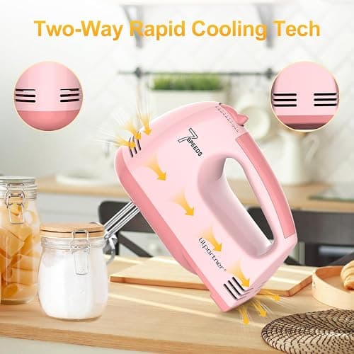 LILPARTNER Hand Mixer Electric, Ultra Power Kitchen Hand Mixer With 7-Speed & 5 Stainless Steel Accessories for Whipping Dough, Cream, Cake, Dishwasher Safe, Pink thumbnail 6