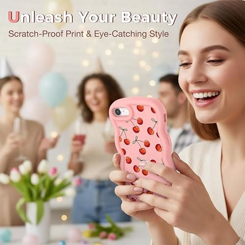 CASBST Compatible with iPhone SE/8/7 Case for Women Girls, Curly Wavy Frame with Cute Pattern, Aesthetic Slim Soft Silicone TPU Bumper Shockproof Phone Case for iPhone SE/8/7 - Bow Cherry thumbnail 6