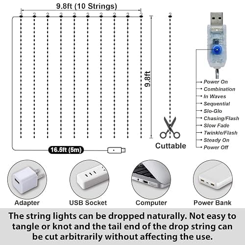 HXWEIYE 300LED Fairy Curtain Lights, 9.8x9.8Ft USB, Remote, Tangle-Free | 8 Modes & Timer, Dimmable, Christmas String Hanging Lights for Bedroom, Wedding Backdrop and Indoor Wall Decor, Warm White thumbnail 6