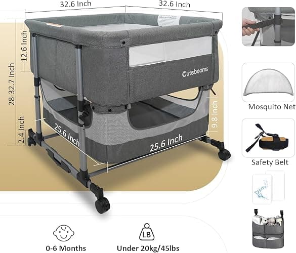 cutebeams Twin Bassinet with 2 Waterproof Sheets & Hanging Diaper Organizer | Bedside Double Bassinet for Twins, Rocking Bassinet for Baby with Storage Basket, Includes Mattress thumbnail 2