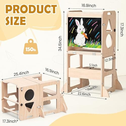 Woodure 4-in-1 Toddler Kitchen Step Stool, Foldable Learning Standing Tower with Blackboard, Wooden Kitchen Stool Helper for Kids, 1-3 Year Old Boy Girl Gifts thumbnail 2