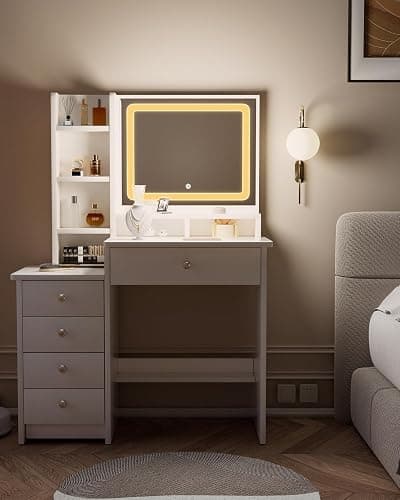 Vanity Desk, Makeup Table with Mirror and Lights, 90cm White Dressing Table, Five Drawers thumbnail 6