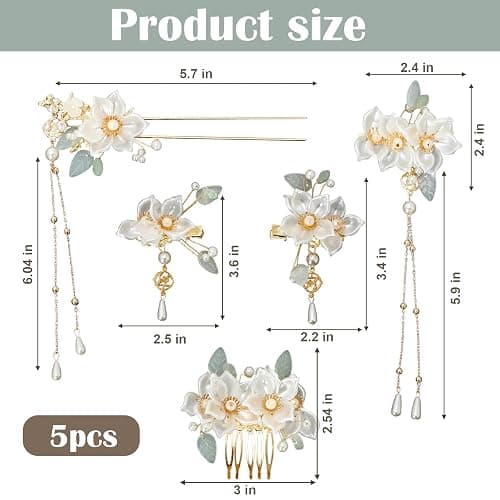 5 Pcs Camellia Flower Tassels Hairpins Set, Chinese Hanfu Crystal Rhinestone Pearl Hair Clips, Retro Wedding Brides Hair Accessories for Women thumbnail 3