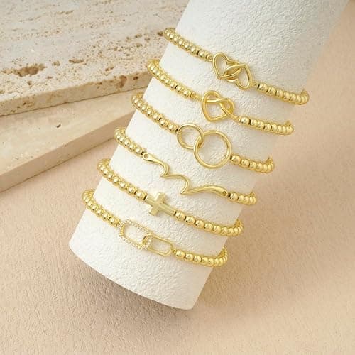 Lisitine Gold Bracelets for Women 14K Gold Beaded Bracelets Stackable Bracelets for Women Gold Charm Bracelet Non Tarnish Gold Jewelry for Women Trendy thumbnail 4