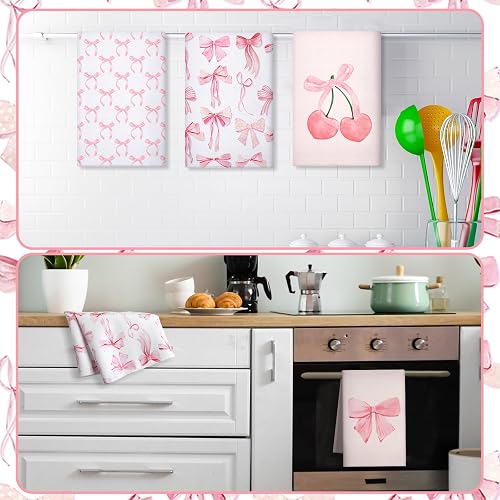 Macarrie 4 Pcs Coquette Kitchen Towels Microfiber,Pink,Bow | Ideal for Drying Cleaning Dishes, Decorative Farmhouse Style, Soft Absorbent Hand Towel Set, Cute Design, Housewarming Gift thumbnail 4