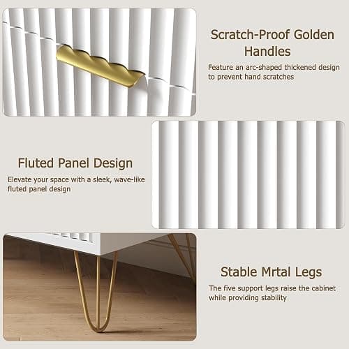 BAZELOR White Fluted 6 Drawer Dresser for Bedroom, Gold Handles, 47.2" W | Modern Wood Chest of Drawers with Scratch-Proof Metal Handles for Living Room, Hallway, Entryway thumbnail 8