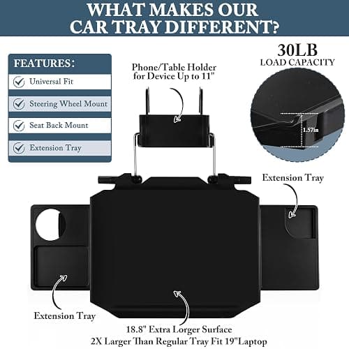 2-in-1 Car Steering Wheel Tray & Back Seat Table with Phone Holder – Height Adjustable Steering Wheel laptop desk, Food Tray , Writing Desk & Car Eating Tray - Car desk fit up to 15" Steering Wheel thumbnail 7