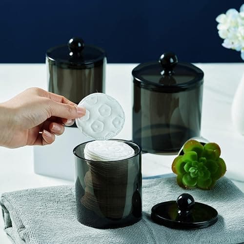 6 Pack Qtip Dispenser Apothecary Jars Bathroom with Labels - Qtip Holder Storage Canister Clear Plastic Acrylic Jar for Cotton Ball,Cotton Swab,Cotton Rounds,Floss Picks, Hair Clips (Black) thumbnail 2