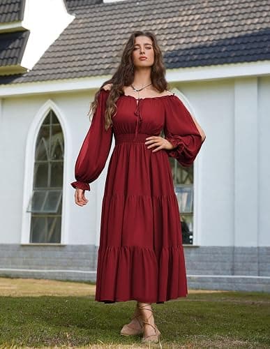 Scarlet Darkness Women Renaissance Off Shoulder Long Sleeve Smocked Waist Tiered Long Maxi Dress thumbnail 3