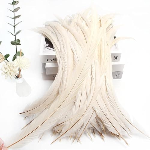 THARAHT 50PCS Rooster Coque Tail Feathers Bulk Natural 12-14Inch 30-35cm for Crafting Wedding Fly Tying Feather Party Performances DIY Decoration Rooster Tail Feather,White thumbnail 4