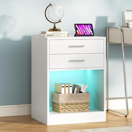 ADORNEVE LED Nightstands Set of 2,Night Stands for Bedrooms Set of 2,Nightstand with Charging Station and LED Lights,White Bedside Table with Power Outlets & Drawers,Modern End Side Table - White thumbnail 7