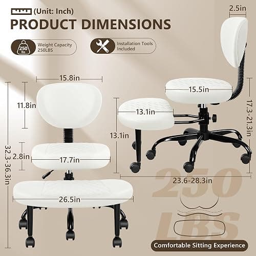 AtHope Ergonomic Cross Legged Office Chair with Wheels - Adjustable Height for Meditation, ADHD Desk & Yoga - Wide Criss Cross Design with Lumbar Support, Kneeling Chair - Off White thumbnail 2