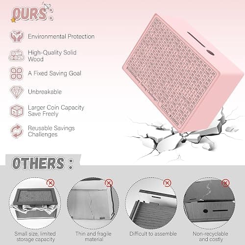 Wooden Money Saving Box, Cash Vault Savings Box for $10000 $5000 $3000 $1000 $800 $500 Target Money Saving Challenge, Reusable Money Box with Counter, Dry Erase Pen/Savings Trackers/Rubber Band-Pink thumbnail 4