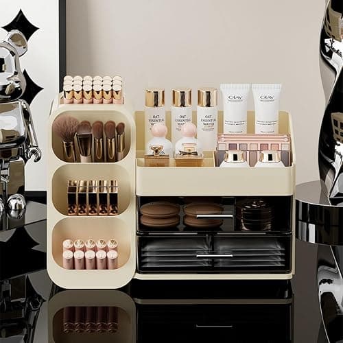 KQJS Makeup Organizer with Drawers,Large Capacity Countertop Organizer for Vanity,Bathroom and Bedroom Desk Cosmetics Organizer,Easy To Storage Skincare,Brushes, Eyeshadow, Lotions, Lipstick (Cream) thumbnail 6