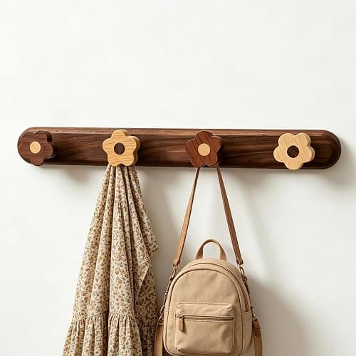 Kids Coat Rack Wall Mount - Wood Cute Flower Coat Hooks for Hanging Clothes,Purse,Robe,Towels,Backpack,Modern Decorative Walnut Wall hooks Heavy Duty Hanger for Girls Nursery,Bathroom,Entryway&Bedroom - Image 1