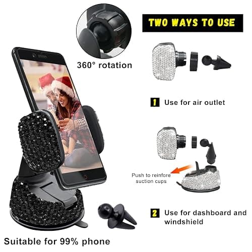 Suvnie 27PCS Bling Car Accessories Set for Women, Crystal Rhinestone Universal Steering Wheel Covers Fit 15 Inch, License Plate Frame, Phone Holder, Air Vent Outlet Trim, Coasters (Black) thumbnail 4