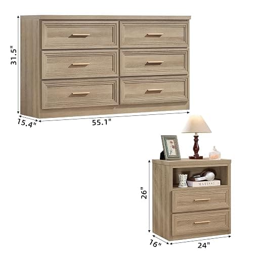 RWYHG Dresser and Nightstand Sets 2 Piece, 6-Drawer Dresser, Oak | Farmhouse Bedroom Dresser and Nightstand Set with 6-Drawer Dresser and 2-Drawer Nightstand, Metal Handles and Ample Storage thumbnail 3