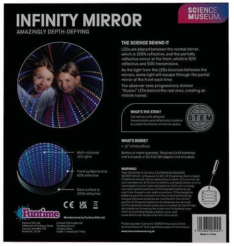 Funtime Gifts Science Museum 10" Infinity Mirror - Create the Illusion of Infinite Space, Built in Wall Hook, Multicoloured LED Lights thumbnail 10