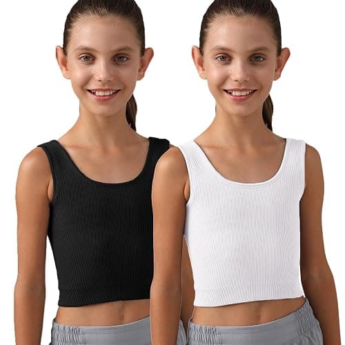 Girls Tank Tops Double Lined Ribbed Knit Crop Tops 2 Pack Basic Sleeveless Athletic Round Neck Dance Top - Image 1