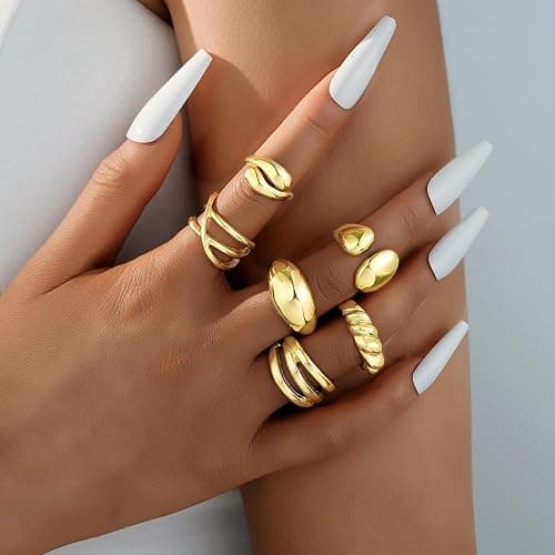 17 MILE Chunky Gold Stackable Rings for Women Non Tarnish, 18K Gold-Plated Statement Open Stacking Rings, Knuckle Band Ring Set thumbnail 2