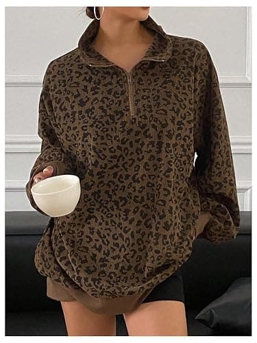 SweatyRocks Women's Leopard Print Oversized Sweatshirt Quarter Zip Collar Long Sleeve Pullover Tops thumbnail 6