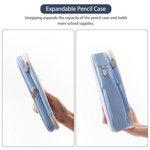 Koncci Large Pencil Case, Expandable Special Pencil Bag Double Zipper Blue | Stationery Storage Organizer Multiple Compartments Aesthetic Cute Pencil Pouch for School Office Kids Students thumbnail 5