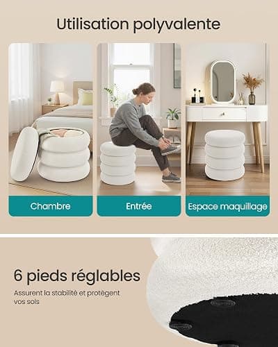 SONGMICS Tabouret de Coiffeuse, Pouf Rond avec Rangement, Repose-Pieds Rembourré, Couvercle Amovible, pour Salon, Chambre, Entrée, Montage Facile, 43 x 47 cm, Tissu Peluche Teddy, Blanc LOM015WD01 thumbnail 7