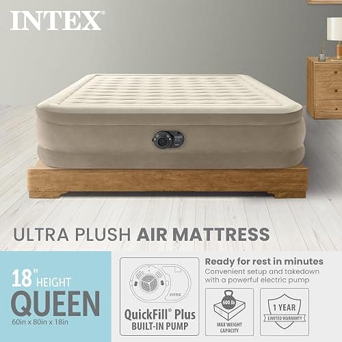 Intex Dura-Beam Deluxe Ultra Plush Air Mattress - Fiber-Tech – Built-in Electric Pump – 18in Bed Height – 600lb Weight Capacity – Queen Size thumbnail 3
