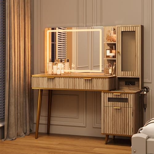 QUW Fluted Makeup Vanity Desk with Mirror and Lighits, 48" Modern Glass Top Vanity Table with Charging Station, Vanity Mirror with Adjustable Brightness, Dressing Table for Bedroom, Natural Oak thumbnail 8
