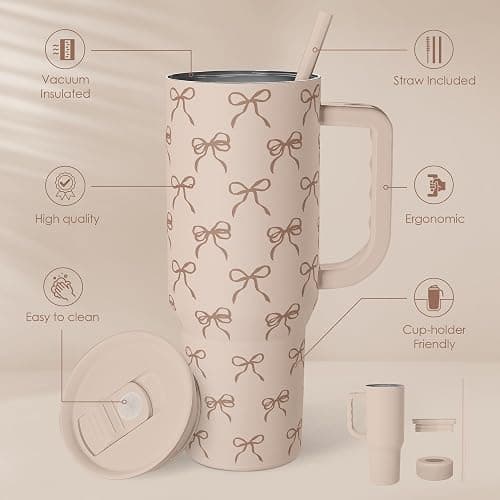 Bow Tumbler with Handle and Straw 40oz – Stainless Sleel Slider Tumbler Travel Coffee Mug for Women - Gift Idea for Birthday Christmas thumbnail 3